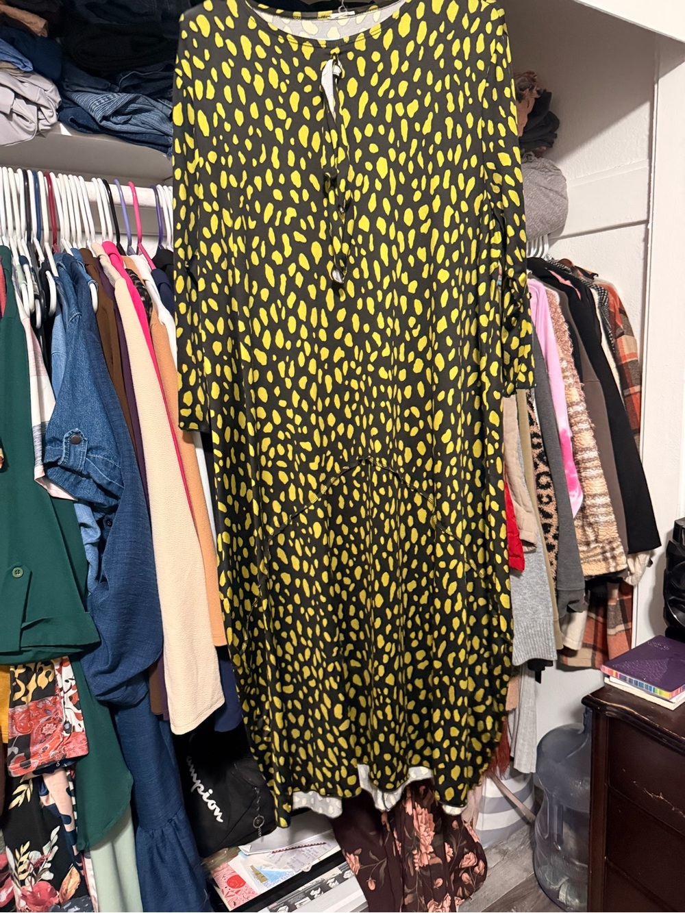 Black Maxi Dress with Yellow Spot Print — Effortless Pullover Style